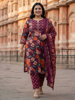 Readiprint - Magenta Floral Round Neck Regular Kurta Pant with Dupatta