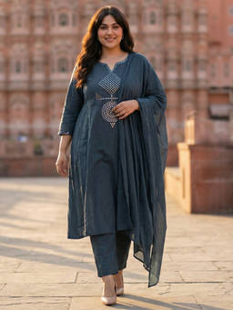 Readiprint - Grey Embroidered Round Neck Regular Anarkali Kurta Pant with Dupatta