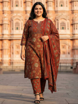 Readiprint - Rust Floral Round Neck Regular Kurta Pant with Dupatta