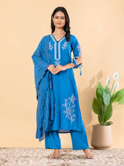 Readiprint - Blue Embroidered V-Neck Regular Kurta Pant with Dupatta