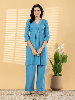 Readiprint - Blue Embroidered V-Neck Regular Kurti with Pant
