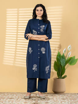 Readiprint - Blue Embroidered Mandarin Neck Regular Kurta with Pant