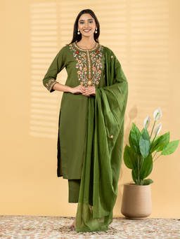 Readiprint - Green Solid/Plain Round Neck Regular Kurta Pant with Dupatta