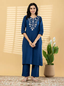 Readiprint - Blue Embroidered Round Neck Regular Kurta with Pant