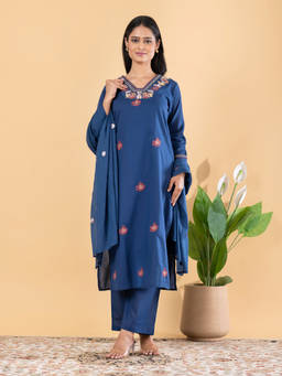 Readiprint - Blue Embroidered V-Neck Regular Kurta Pant with Dupatta