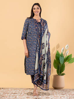 Readiprint - Blue Floral Round Neck Regular Kurta Pant with Dupatta