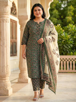 Readiprint - Green Floral Round Neck Regular Kurta Pant with Dupatta