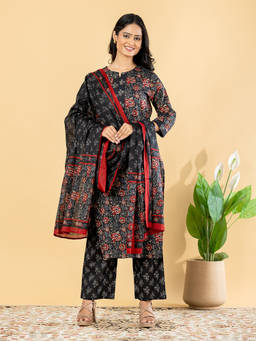 Readiprint - Black Floral Round Neck Regular Kurta Pant with Dupatta