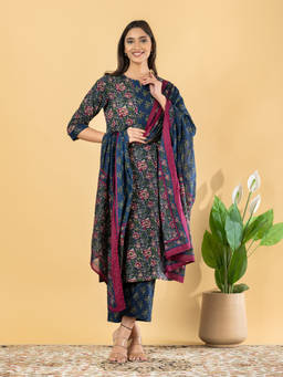 Readiprint - Blue Floral Round Neck Regular Kurta Pant with Dupatta