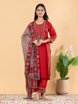 Readiprint - Red Printed Round Neck Regular Kurta Pant with Dupatta