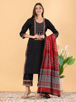 Readiprint - Black Printed Round Neck Regular Kurta Pant with Dupatta