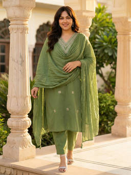 Readiprint - Green Embroidered V-Neck Regular Kurta Pant with Dupatta