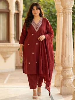Readiprint - Maroon Embroidered V-Neck Regular Kurta Pant with Dupatta
