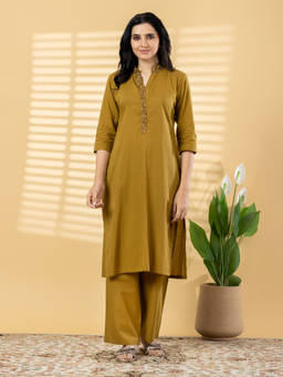Readiprint - Mustard Solid/Plain Mandarin Neck Regular Kurta with Pant