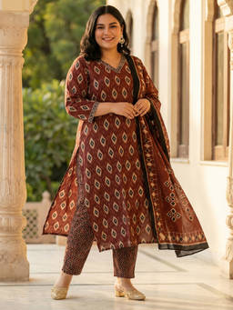 Readiprint - Brown Printed V-Neck Regular Kurta Pant with Dupatta