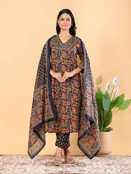 Readiprint - Black Floral V-Neck Regular Kurta Pant with Dupatta