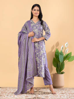 Readiprint - Lavender Floral V-Neck Regular Kurta Pant with Dupatta