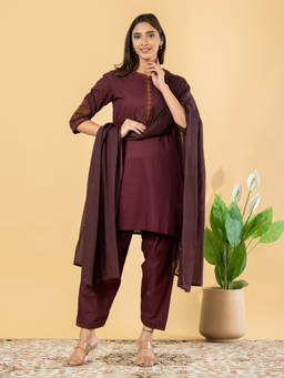Readiprint - Maroon Embroidered Round Neck Regular Kurta Salwar with Dupatta