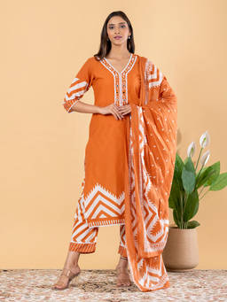Readiprint - Orange Embroidered V-Neck Regular Kurta Pant with Dupatta