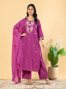 Readiprint - Magenta Embroidered Round Neck Regular Kurta Pant with Dupatta