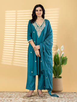 Readiprint - Teal Embroidered V-Neck Regular Kurta Pant with Dupatta