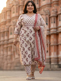 Readiprint - Off White Floral V-Neck Regular Kurta Pant with Dupatta