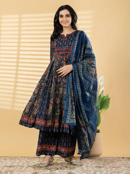 Readiprint - Blue Printed Round Neck Regular Anarkali Kurta Palazzo with Dupatta