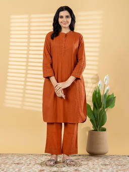 Readiprint - Rust Solid/Plain Mandarin Neck Regular Kurta with Pant