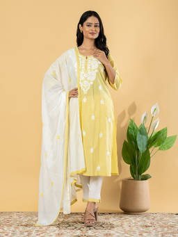 Readiprint - Yellow Embroidered Round Neck Regular Kurta Pant with Dupatta