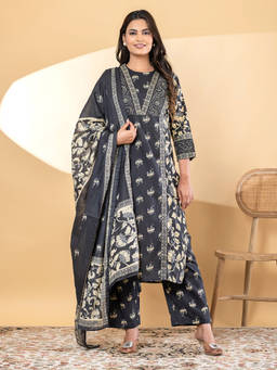 Readiprint - Black Printed Round Neck Regular Kurta Pant with Dupatta