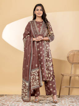 Readiprint - Brown Printed Round Neck Regular Kurta Pant with Dupatta