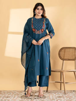 Readiprint - Teal Embroidered Round Neck Regular Kurta Pant with Dupatta