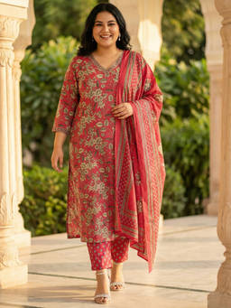 Readiprint - Pink Floral V-Neck Regular Kurta Pant with Dupatta