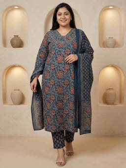 Readiprint - Blue Floral V-Neck Regular Kurta Pant with Dupatta