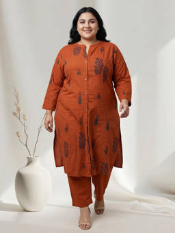 Readiprint - Rust Printed Mandarin Neck Regular Kurta with Pant