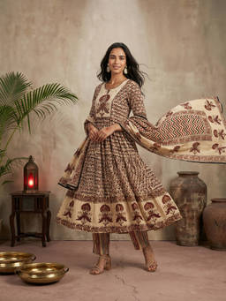 Readiprint - Beige Printed Round Neck Regular Anarkali Kurta Pant with Dupatta