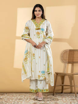 Readiprint - Off White Floral V-Neck Regular Kurta Pant with Dupatta