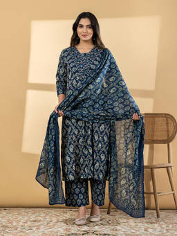 Readiprint - Blue Paisley V-Neck Regular Kurta Pant with Dupatta