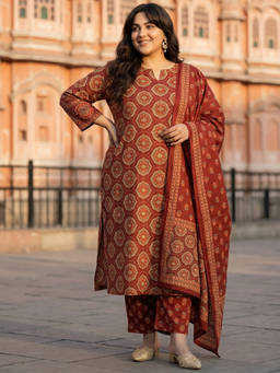 Readiprint - Maroon Floral Round Neck Regular Kurta Pant with Dupatta
