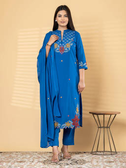 Readiprint - Blue Embroidered Mandarin Neck Regular Kurta Pant with Dupatta
