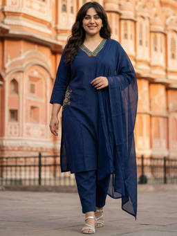 Readiprint - Blue Embroidered V-Neck Regular Kurta Pant with Dupatta