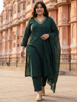 Readiprint - Green Embroidered V-Neck Regular Kurta Pant with Dupatta