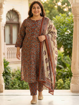 Readiprint - Maroon Printed Round Neck Regular Kurta Pant with Dupatta