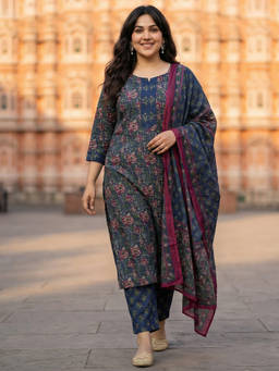 Readiprint - Blue Floral Round Neck Regular Kurta Pant with Dupatta