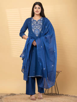 Readiprint - Blue Embroidered Round Neck Regular Kurta Pant with Dupatta