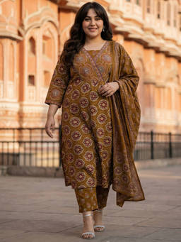 Readiprint - Mustard Floral V-Neck Regular Kurta Pant with Dupatta