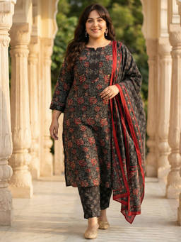 Readiprint - Black Printed Round Neck Regular Kurta Pant with Dupatta