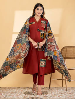 Readiprint - Maroon Embroidered V-Neck Regular Kurta Pant with Dupatta