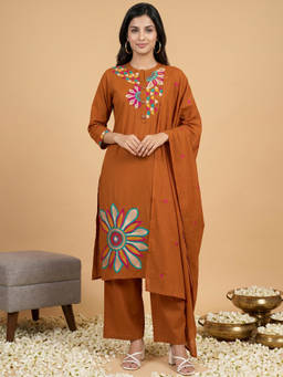 Readiprint - Rust Embroidered Regular Kurta Pant with Dupatta