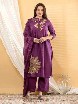 Readiprint - Purple Embroidered Regular Kurta Pant with Dupatta